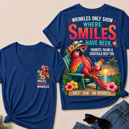 Wrinkles Only Show Where Smiles Have Been Funny Retirement V-Neck Tee For Women – Tropical Parrot Beach Vacation Graphic V-Neck Tee